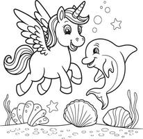Whimsical Underwater Unicorn and Dolphin Coloring Page vector