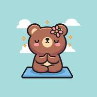 Kawaii Illustration. A cute and pretty bear meditating and praying with sky and clouds in the background. vector