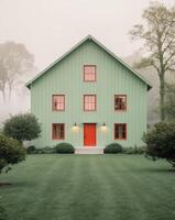 A large green house with a red door and windows photo