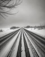 Snowy road with tire tracks in the middle photo