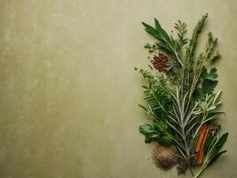 Green Rustic Background with Herbs Spices and Copy Space. photo