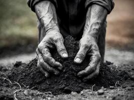 two dirty hands holding a pile of dark rich soil symbolizing farming nature and growth in an earthy outdoor setting. photo
