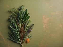 Green Rustic Background with Herbs Spices and Copy Space. photo