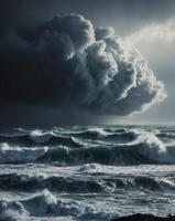 A captivating depiction of a stormy ocean with ominous clouds and turbulent waves unveiled photo