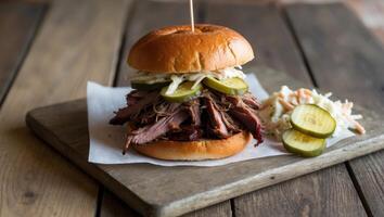 A smoked brisket sandwich served on a toasted bun with pickles and a side of coleslaw. photo