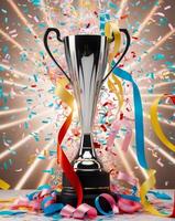Celebratory trophy surrounded by colorful confetti and ribbons in a vibrant atmosphere at a festive event photo