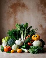 Fresh Vegetables Border on Rustic Brown Background photo