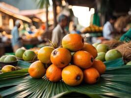 Freshly harvested palm fruits resting on vibrant green leaves at a local marketplace in a tropical region during daylight. photo