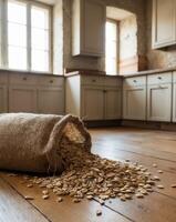Golden Oats Spill From Burlap Sack in a Rustic Kitchen Setting Full of Natural Light photo