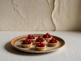 Redcurrant tartlets on a plate on light rustic background. photo