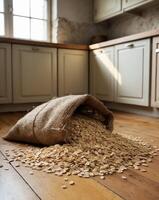 Golden Oats Spill From Burlap Sack in a Rustic Kitchen Setting Full of Natural Light photo