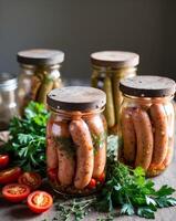 Flavorful Pickled Sausages Captured in Rustic Glass Jars With Herbs and Cherry Tomatoes photo
