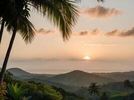 Breathtaking Tropical Sunset Over Lush Greenery with Golden Rays Illuminating the Horizon in a Serene Landscape. photo