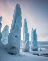 Frozen landscape with towering ice formations in a winter wonderland photo