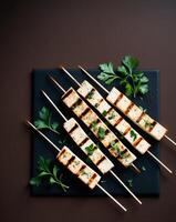 Grilled tofu skewers with herbs and spices on a dark background photo
