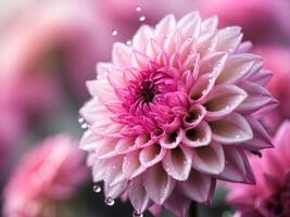 a close up of a pink dahlia flower with water droplets glistening on its petals The petals are a vibrant pink color and the center of the flower is a lighter shade. photo