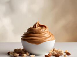 Smooth peanut butter in a white bowl surrounded by scattered peanuts and almonds on a light background. photo