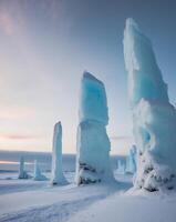 Frozen landscape with towering ice formations in a winter wonderland photo