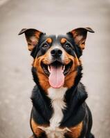 A dog with a black and brown coat is smiling and has its tongue out photo