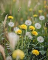A cluster of dandelions growing in a lush green field photo