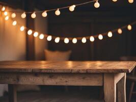 Rustic Wooden Table with String Lights Background. photo