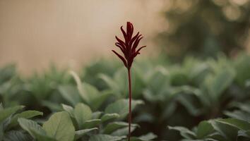 A single red flower in a field of green leaves. photo