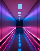 Long Empty Corridor Bathed in Vibrant Neon Lights with Copy Space for Creative Designs and Visual Projects photo