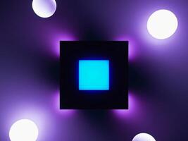 Neon Blue Square with Translucent Spheres on Deep Gradient Background. photo