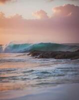 The surging waves and reefs in the sunset glow photo