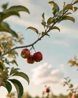 Red apples hanging from a tree branch in a serene orchard during summer photo
