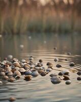 A pond with a lot of shells floating on the surface photo