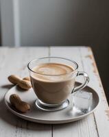 Latte in clear glass with peanut pod and ice cube on kitchen table photo