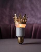 Crowned Light Bulb with Golden Crown on Purple Background photo