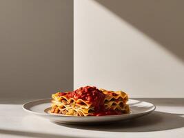 Baked lasagna with marinara sauce on a plate. photo