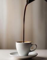 Espresso pouring into a white cup filling it slowly photo