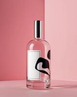Clear Glass Bottle with Abstract Label on a Pink Background for Product Display or Marketing Use photo