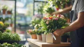 A florist arranging a colorful bouquet in a shop filled with plants. photo