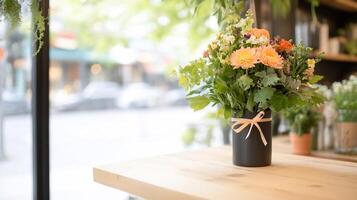 A vibrant flower arrangement in a stylish pot on a wooden table. photo