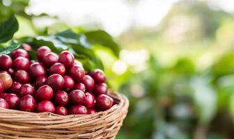 A basket filled with ripe coffee cherries in a lush green setting. photo