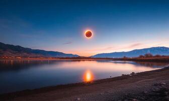 A serene landscape featuring a solar eclipse over a calm lake. photo