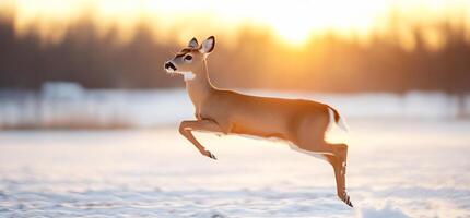 A deer gracefully leaps through a snowy landscape at sunset. photo