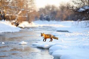 A fox stands on ice near a snowy riverbank in winter scenery. photo