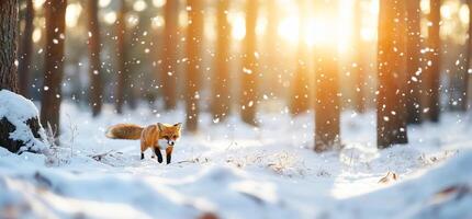 A fox walking through a snowy forest with sunlight filtering through trees. photo