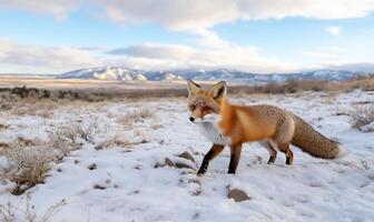 A red fox walking through a snowy landscape with mountains in the background. photo