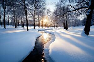 A serene winter landscape with a winding stream and snow-covered trees. photo