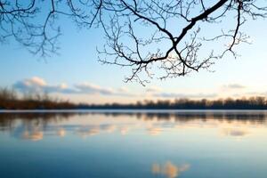 Serene lakeside view with reflections and bare branches. photo