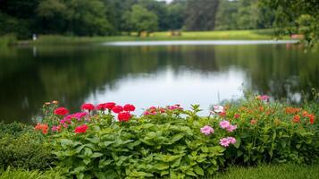 A serene lakeside view with vibrant flowers in the foreground. photo