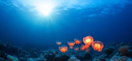 Underwater scene featuring glowing jellyfish in a serene ocean environment. photo