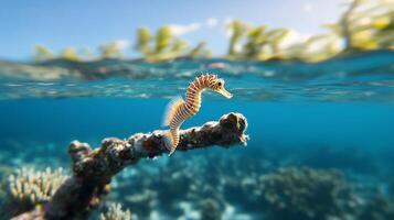 A seahorse perched on a coral branch in a vibrant underwater scene. photo