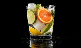 A refreshing drink with ice and citrus fruits in a glass. photo